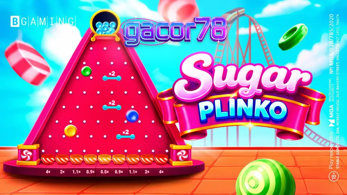 Tampilan visual game Sugar Plinko dengan tema permen yang ceria dan papan pachinko.